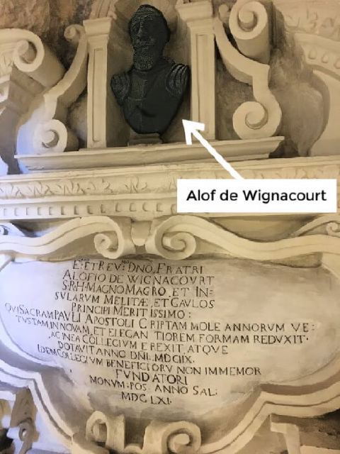 A bust thanking Alof de Wignacourt in St. Paul’s grotto.