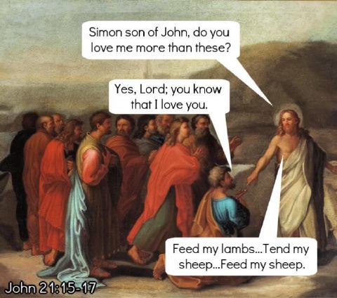 Jesus saying to St. Peter “feed my lambs” in John 21:15-17.