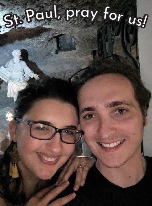 Chris Newton and Bérénice Newton in St. Paul's Grotto, Malta.